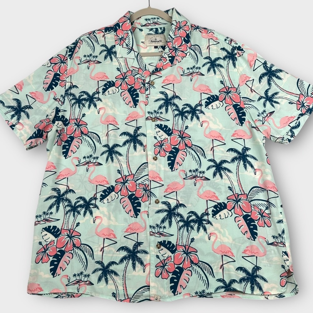 Aurora Shirt Mens XL‎ Blue Pink Flamingo Hawaiian Button Up Tropical Rayon Aloha